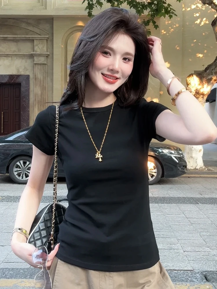 

Bla Faionable T-irt Women's 2025 New Summer Slimming Sli European Trendy Top oulder Width Regular Sve Length