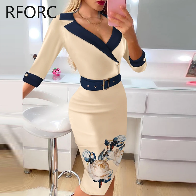 2023 Women Floral Print with Belts Notched Collar Half Long Sleeves Midi Bodycon Formal Party Dress