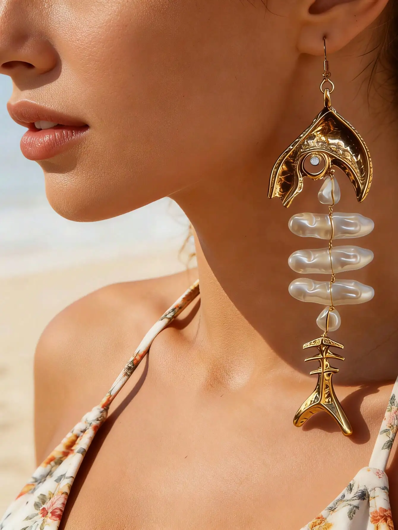 

Women's Beach Vacation Style Fishbone Artificial Pearl Earrings Vintage Metal Ear Jewelry Long Personality Drop Earrings