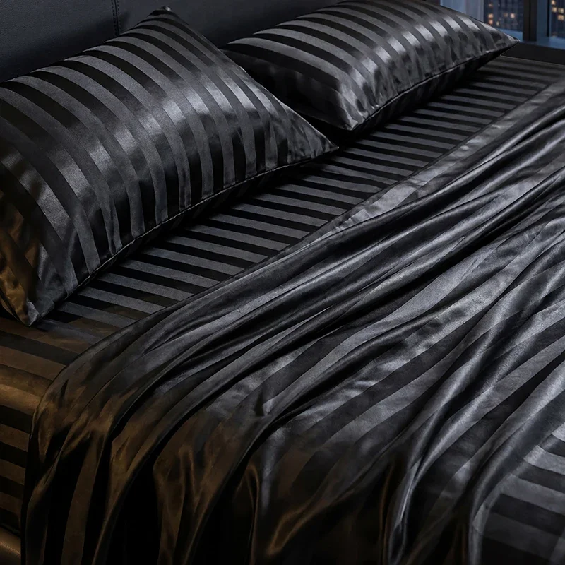 Luxury Black Satin Duvet Cover Set Silky Jacquard Vertical Stripe Bedding with Duvet Cover And Pillowcases 2/3 Pieces