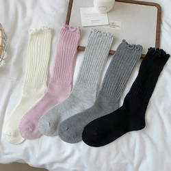 Woman Socks Long New Trendy Preppy Style Solid Color Ladies Plain Socks Breathable Korean Style Simple Sweet Frilly Ruffle Socks