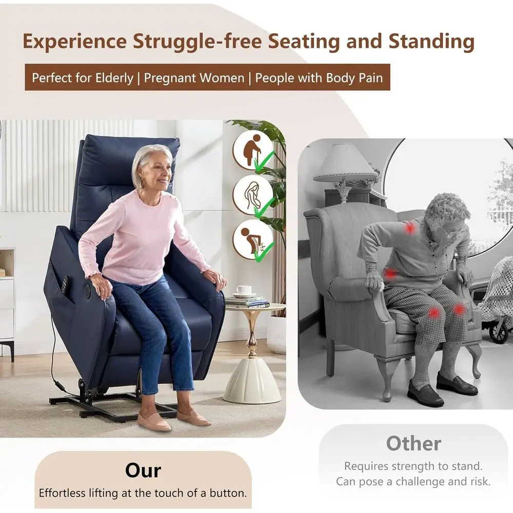 راحة كبار السن: كرسي رفع كهربائي قابل للتعديل مع الحرارة والتدليك، جلد صناعي أزرق داكن، جيوب جانبية #4