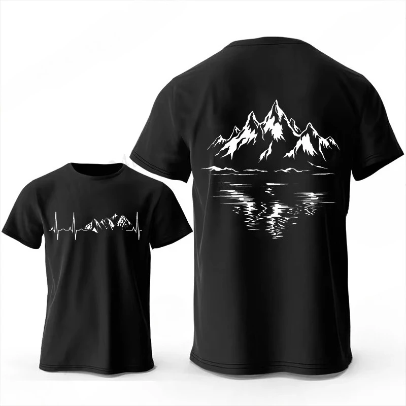 

Mountain Print Men's T-shirt Summer Comfortable Breathable Short-sleeve Top Mountain Heartbeat Pulse Line Oversized Men T-shirt