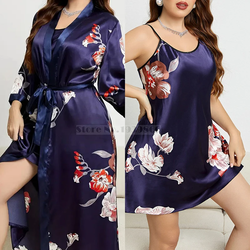 Large Size 5XL Female Long Robe Set Print Flower Kimono Bathrobe Gown Spring Summer Satin Sleepwear Nightdress Loose Home Wear