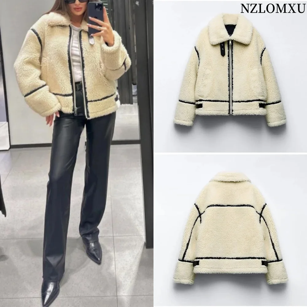 2024 New Thick Warm Fashion Loose Matching Color All Matching Lamb Velvet Coat Deerskin Velvet Lining Jacket