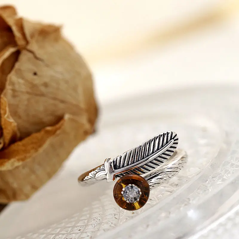 

Inlaid Natural Amber Adjustable Open Ring daily wear Jewelry Gift National Standard S925 Sterling Silver Vintage Feather Rings