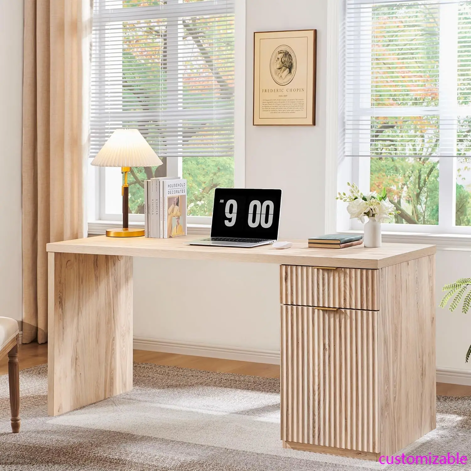 Escritorio ejecutivo moderno de 60" con almacenamiento, escritorio de madera para oficina en casa con cajón y gabinete, escritorio para computadora estriado para estudio