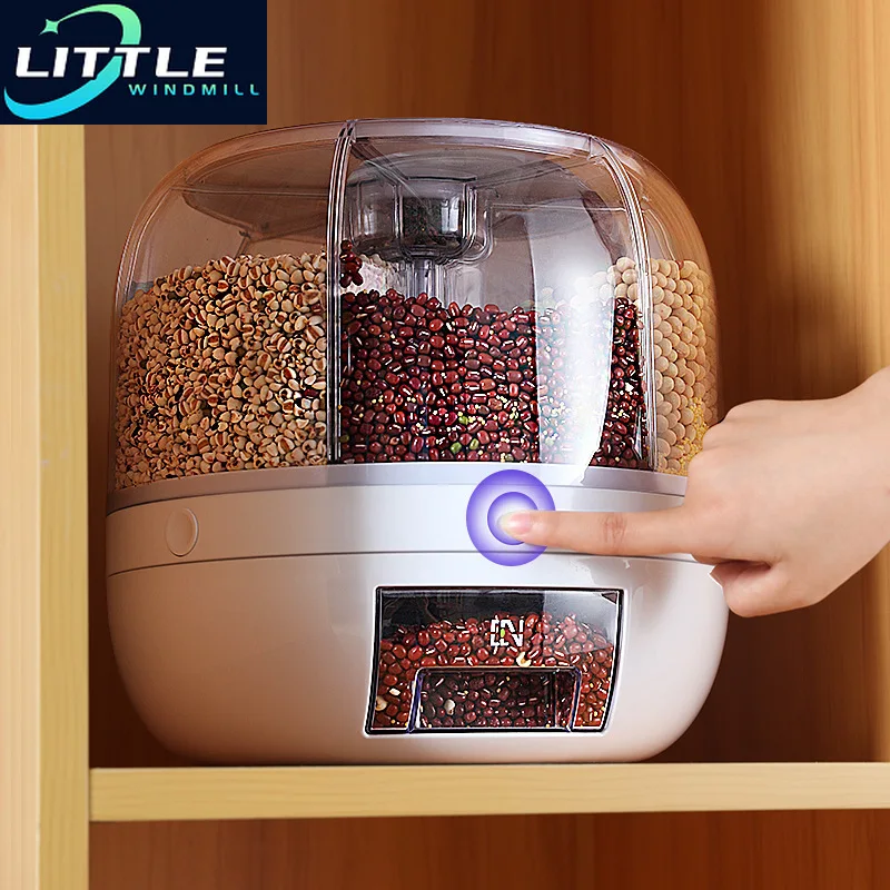 360 Degree Rotating Rice Dispenser Sealed Dry Cereal Grain Bucket Dispenser Moisture-proof Kitchen Food Container Storage Box