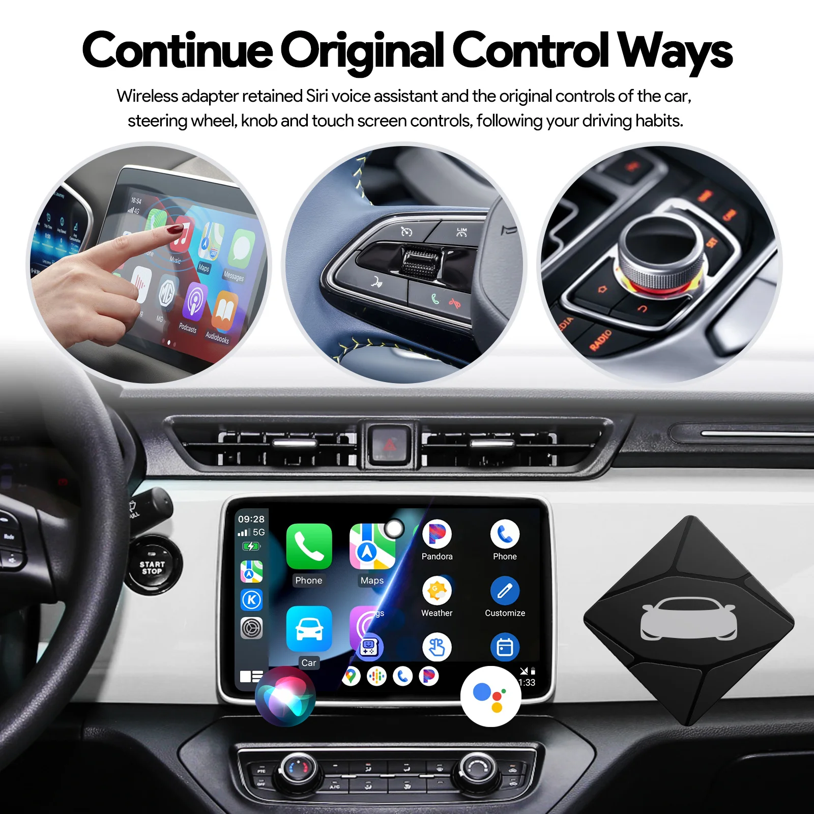 Binize อะแดปเตอร์ CarPlay ไร้สายแบบมีสายต่อ2 in 1กล่องแอนดรอยด์อัตโนมัติไร้สายสำหรับ MAZDA Toyota Peugeot Volvo