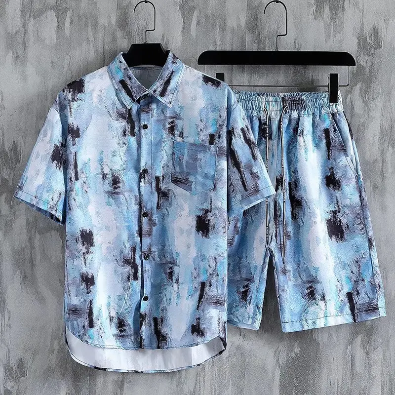 Ink painting Hawaiian shirt shorts men\'s set 3D summer slim beach vacation beach short sleeved floral shirt two-piece set