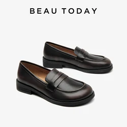 BEAUTODAY Flats Women Genuine Cow Leather Round Toe Slip-on Style Spring Ladies Shoes Handmade 26204