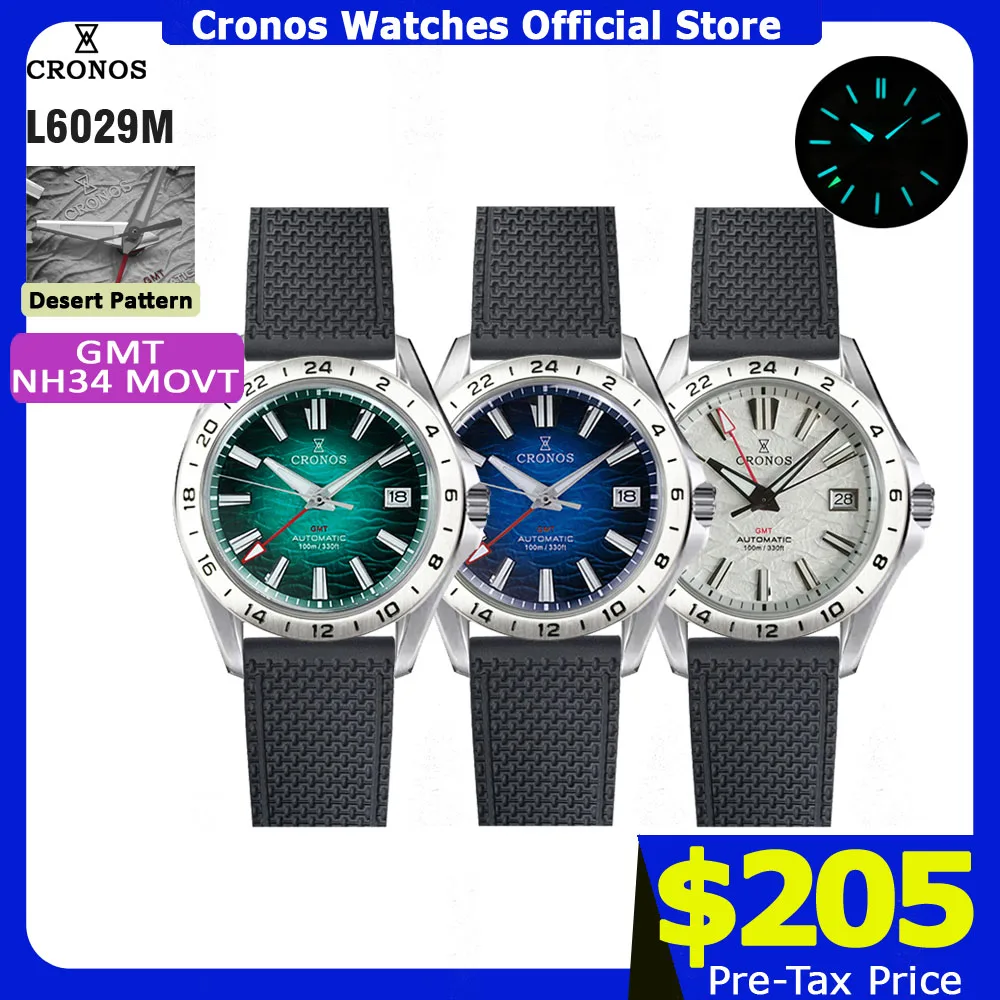 

Механические мужские часы Cronos GS 39 мм с узором в стиле пустыни, GMT, NH34, автоматический механизм, сапфировое стекло, резиновый ремешок, водонепроницаемость 10ATM