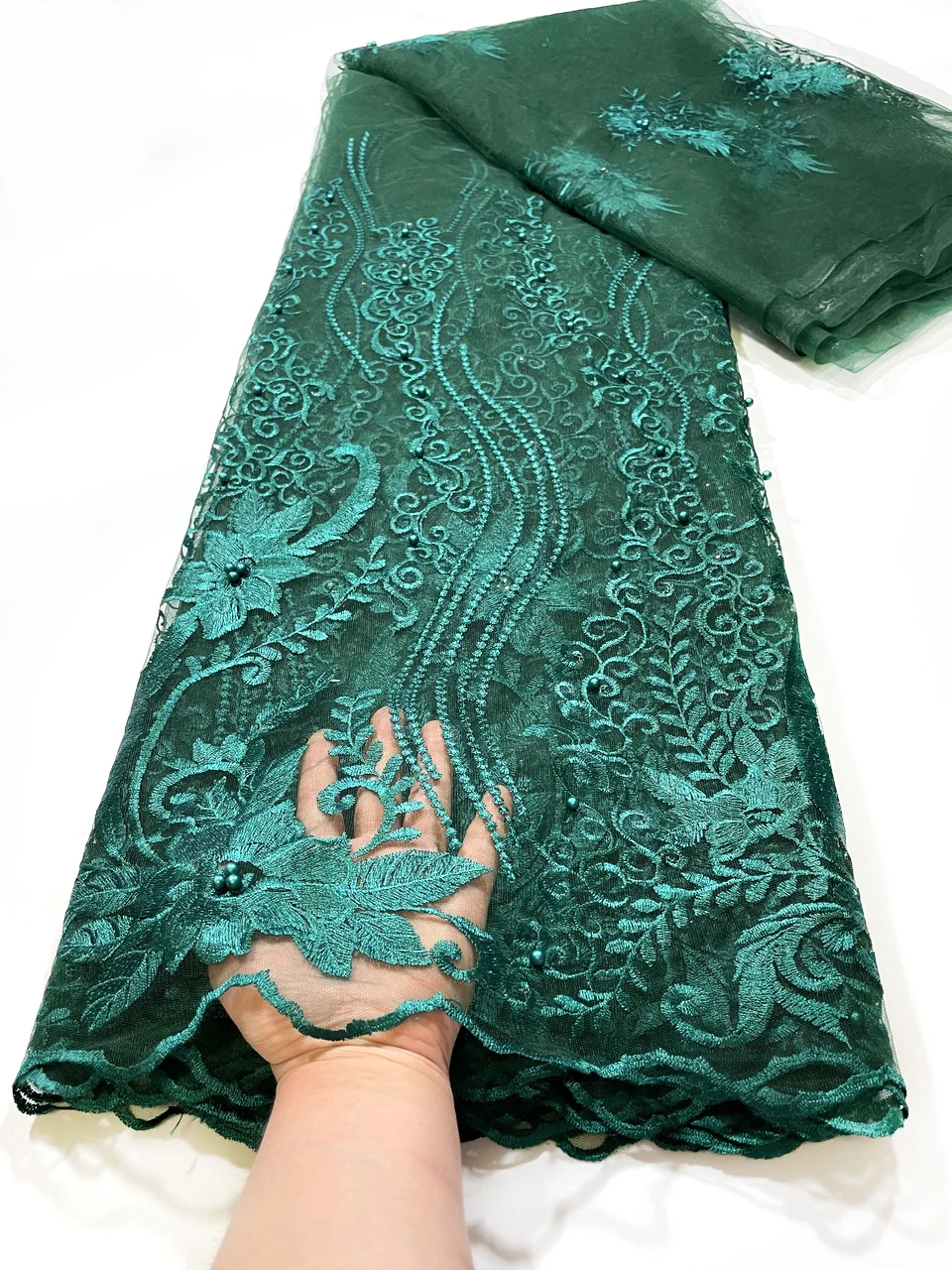 Green African Lace Fabric 2023 High Quality Lace Beaded French Nigerian Lace Fabric 5 Yards for Women Dresses Sew