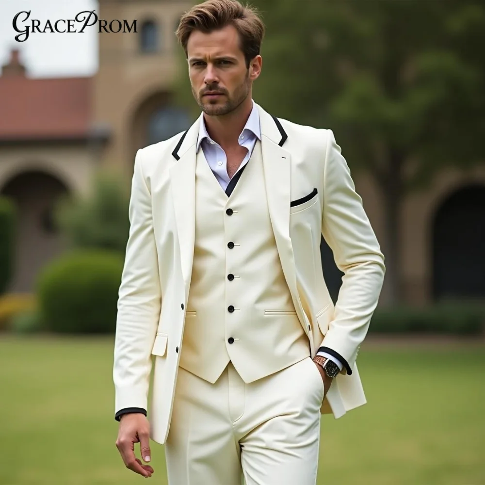 High‑Quality Ivory White 3PCS Mens Tuxedo Black Contrast Piping Notched Groom Suit Vest Pants Set For Ceremony Event Customized