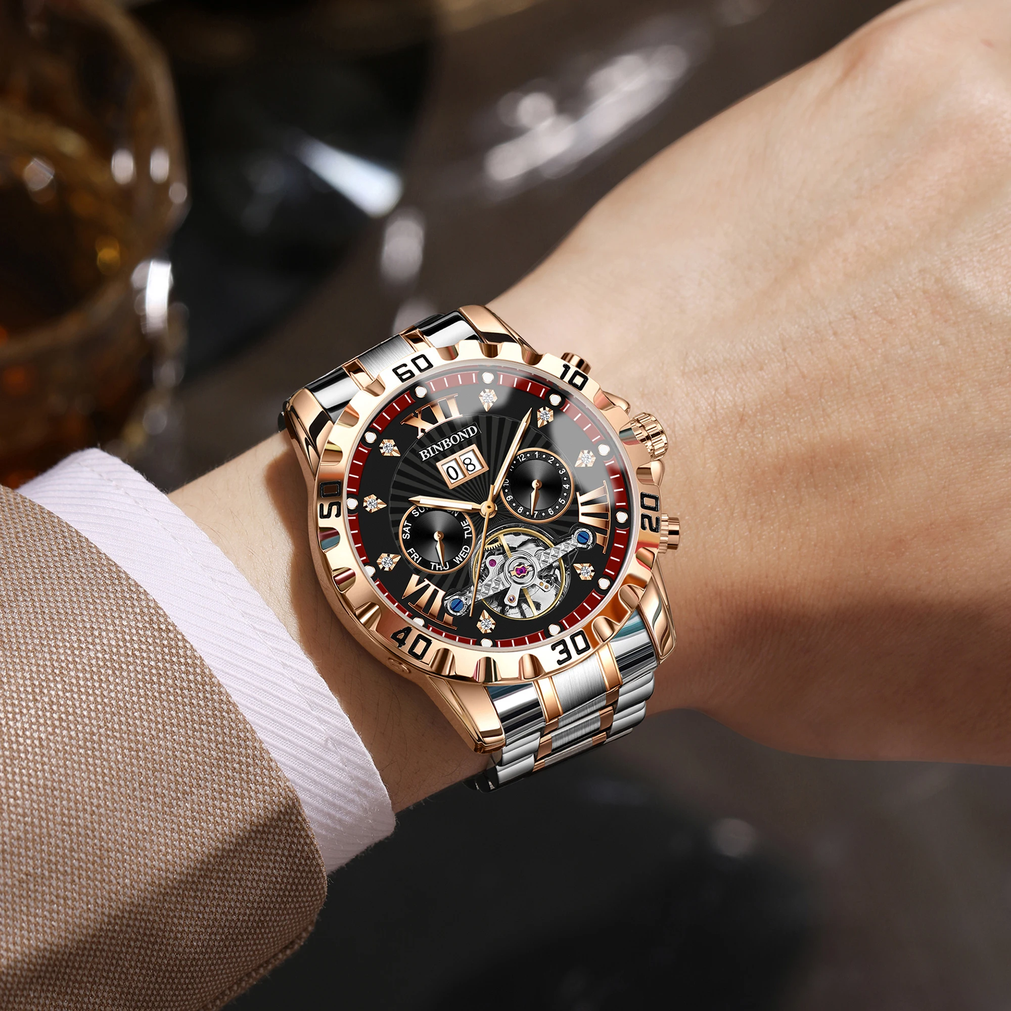 BINBOND Orginal Luminous Waterproof Men's Watch Auto Date Reloj Automatic Tourbillon Mechanical Wristwatches For Men Luxury view 3