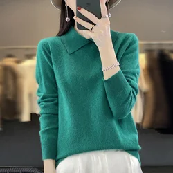 Women 100% Merino Wool Soft Sweater Polo Collar Solid Pullover Autumn Winter Female Loose Casual Knit Cashmere Basis Top