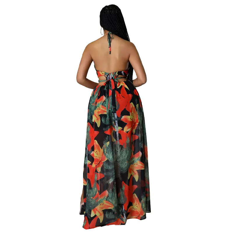 2023 Elegant Women Floral Halter V-neck Backless Cut Out Waist Chain Sleeveless High Side Split Fit Flare Maxi Long Dresses