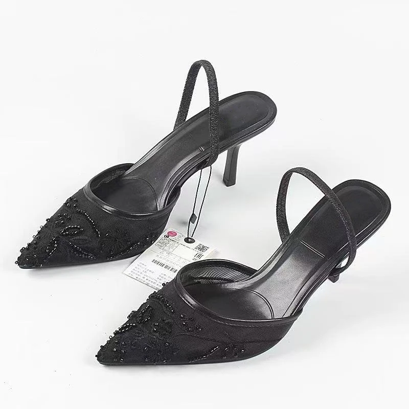 أحذية TRZA النسائية للخريف والشتاء، منتج جديد أبيض، شبكة ذات فم ضحل، كعب عالٍ، مقدمة مدببة عالية، تطريز مكشوف #2