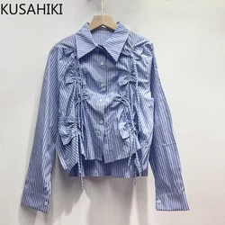 KUSAHIKI Drawstring Folds Tassel Fashion Turn-down Collar Long Sleeve Shirt Women Causal Korean Chic Tops 2023 Autumn New Shirts