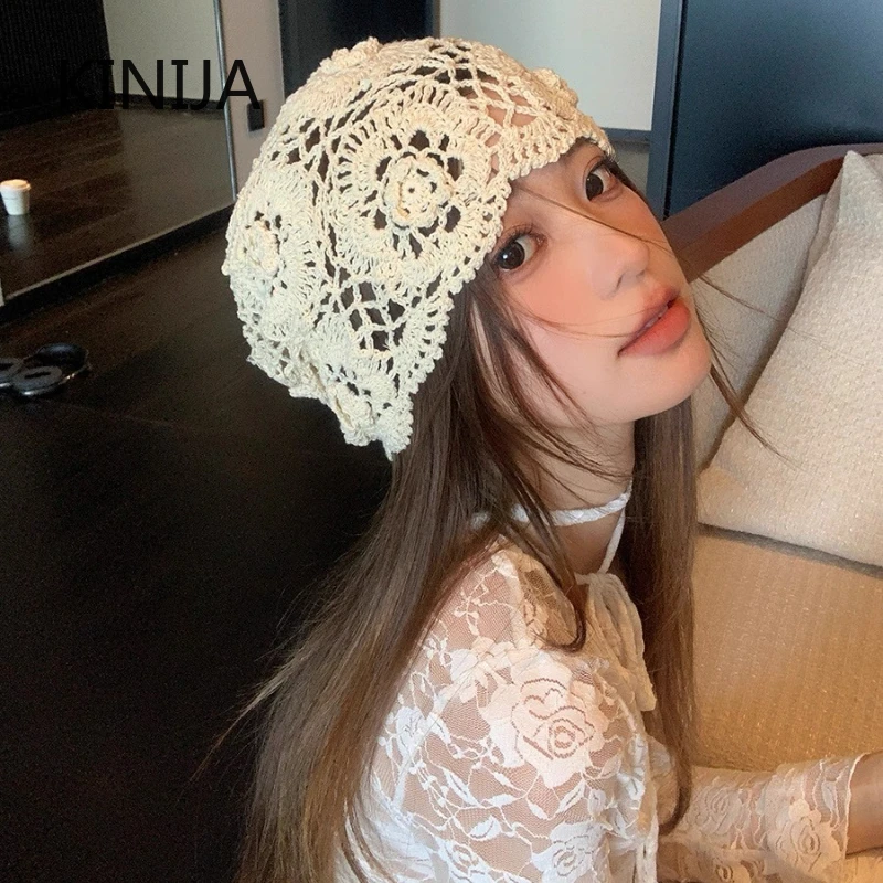 Japanese Handmade Hollow Out Knitted Flower Top Hat Women's Spring Summer Artistic Versatile Cap Retro Ethnic Style Pullover Cap