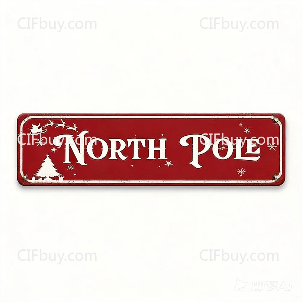CIFbuy Customizable North‑Pole Santa‑Sleigh Metal Plaque,Personalized 2D Flat Custom‑Text Vintage Xmas Entryway Wall Ornament (D
