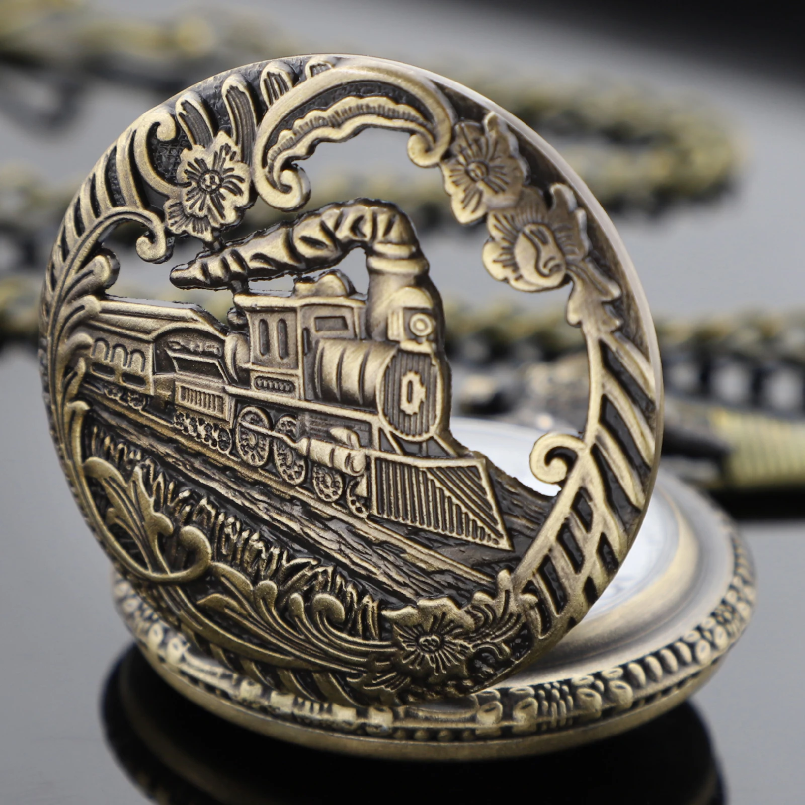 Orologio da taschino al quarzo con motore a treno in bronzo retrò, collana da donna, orologio a catena, migliori regali per uomo, miglior souvenir