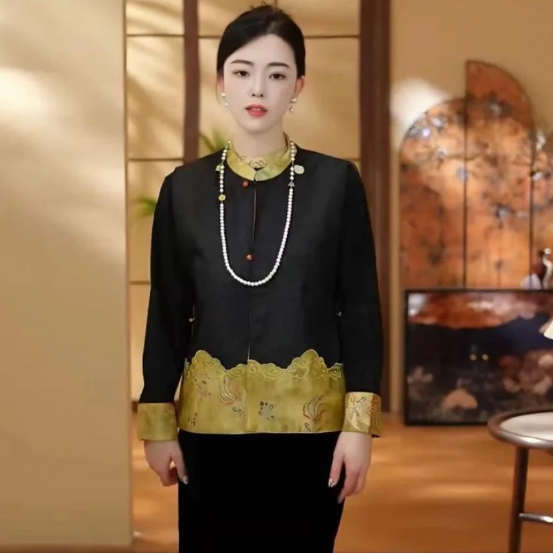 Style chinois réversible broderie gilet sans manches femmes printemps automne épissage veste Satin gilet femmes Satin hauts