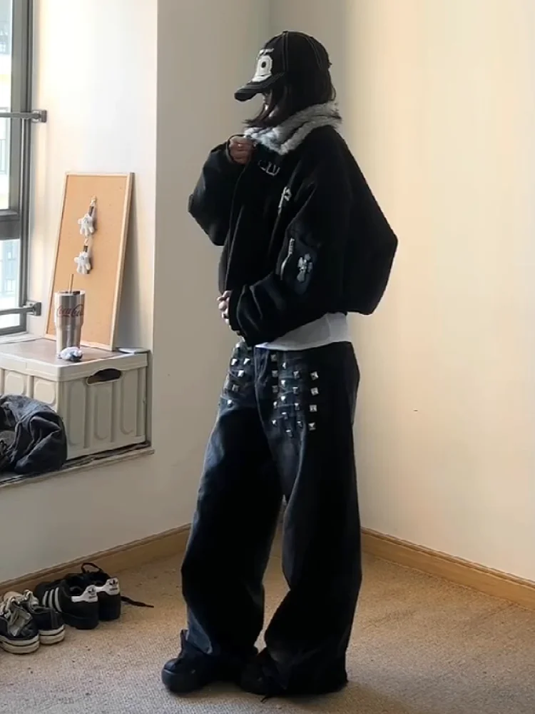 American Style Loose Fit Black Denim Jeans Women's Design Sensation Silver Studs Straight Leg Wide Leg Long Pants