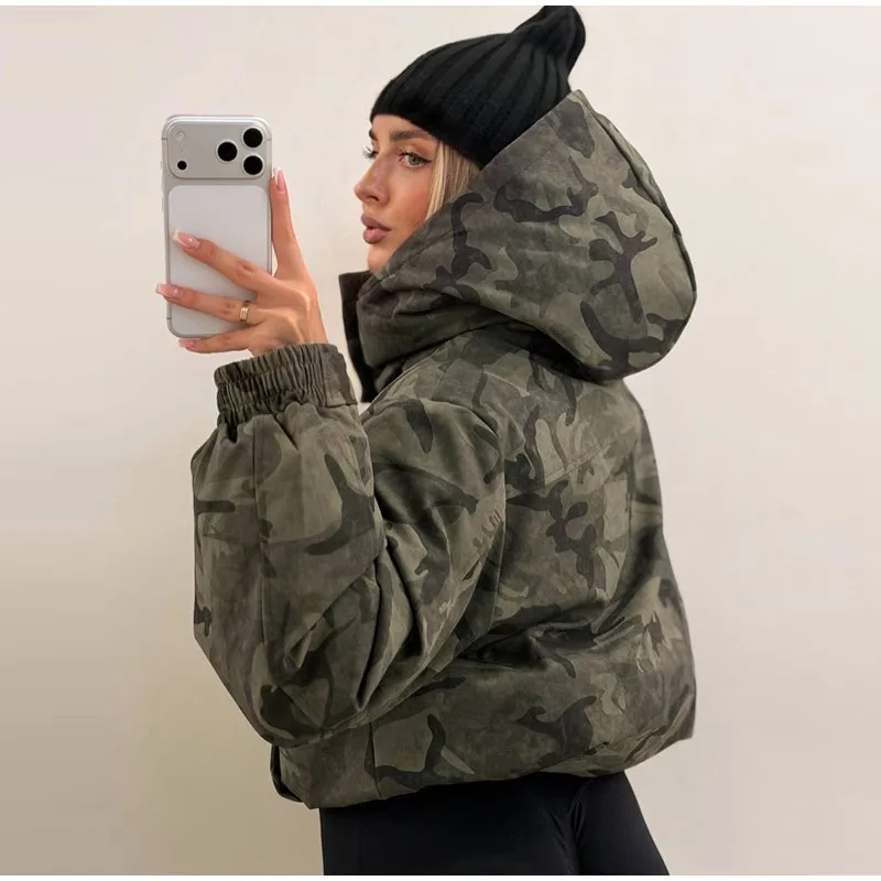 Camo Print Hooded Puffer Jacket Chic Zip Up Stand Collar Elastic Cuff Warm Cropped Coat 2026 Women Winter Commute Street Jackets