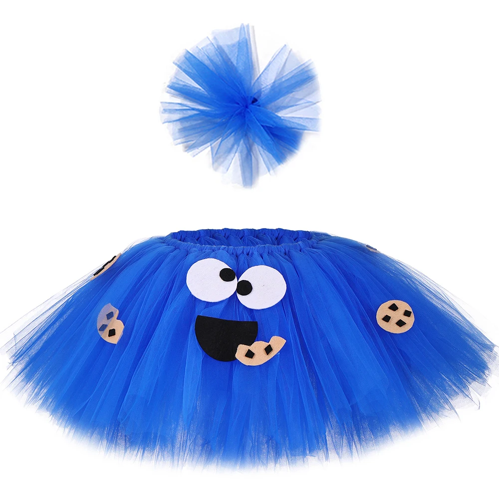 Ensemble de jupe tutu en tulle bleu moelleux pour filles, jupe de monstre de cookie, costume d'Halloween pour enfants, fête d'anniversaire pour enfants