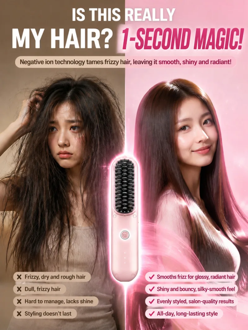 2 In 1 Cordless Hair Straightener Brush Fast Heating Portable Heated Comb Smart Temperature Control Anti Frizz Styling Tool
