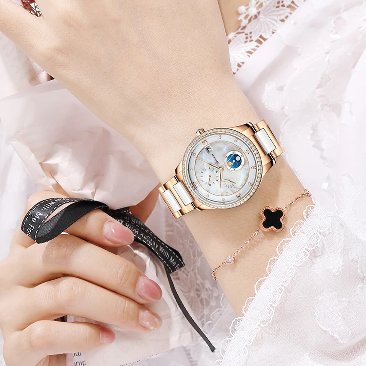 LOBINNI ผู้หญิงนาฬิกาอัตโนมัติ 36 มม.สุภาพสตรี Meachanical นาฬิกาข้อมือ 50M กันน้ํา Sapphire สัปดาห์ 24 ชั่วโมงวันที่สัปดาห์เดือน