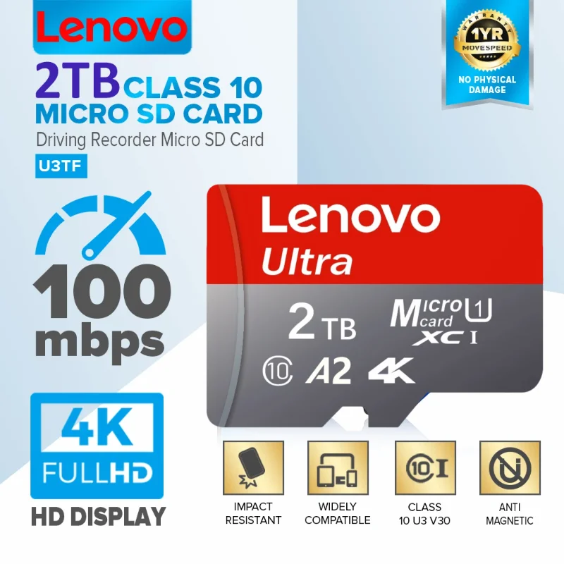

Lenovo 2TB Extreme PRO Micro SD Card 64GB 128GB 256GB 512GB 1TB U3 4k Read up to 200MB/s C10 V30 UHS-I Memory Card for Camera