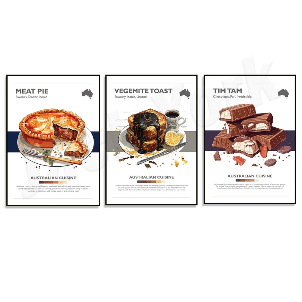 Australian food poster, Tim Tam, meat pie, Vegemite toast, food art illustration, kitchen restaurant wall art decoration