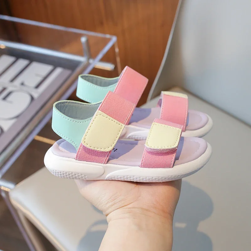 Girls Sports Sandals Mixed-color Decoration Soft Bottom Non-slip Pink Comfortable Velcro PU Upper Open Toe Fashion Kids Shoes