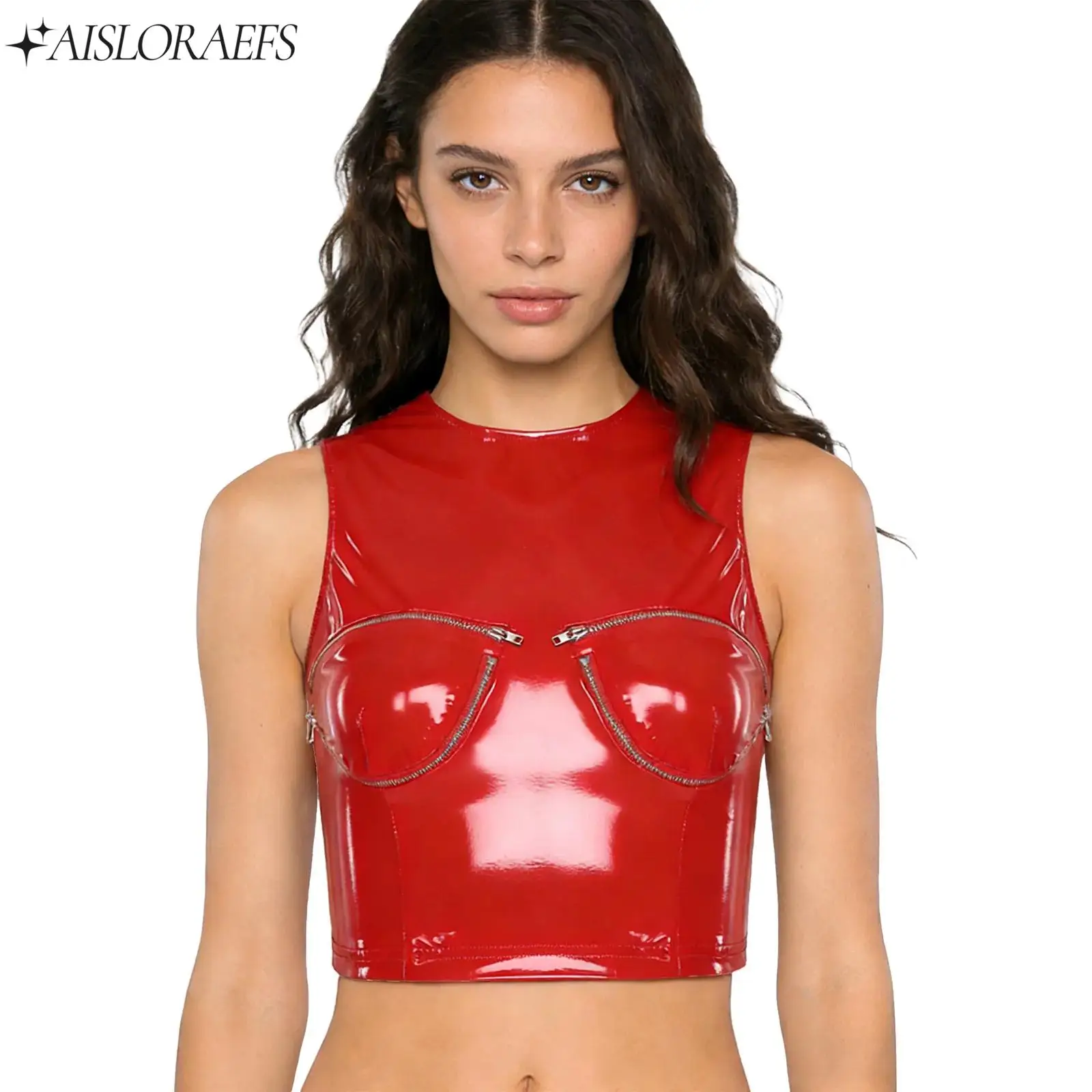 

Womens Glossy PU Dance Crop Top Zipper Cups Sleeveless Tank Top Wet Look Party Clubwear for Musical Festival Raves Nightoutings