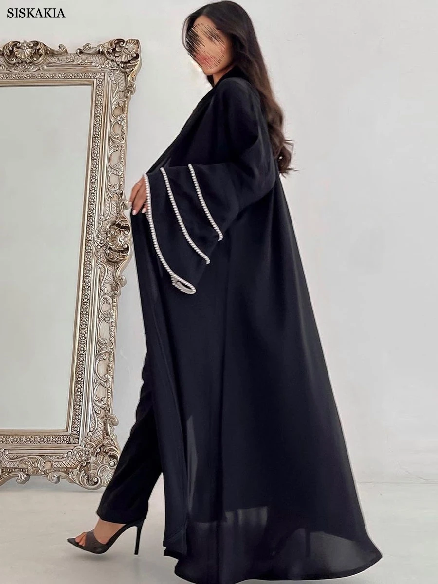 Siskakia Flare Sleeve Abaya Dubai Luxury Open Robe For Muslim Woman Stylish Marocain Femme Galabia Beading Clothing 2024