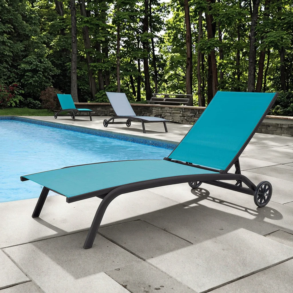 Outdoor Sunbeds Lounger Reclining Lounge Chair Aluminium Teslin Wheels Multi-Position Backrest UV Resistant Max Load Hotel Villa
