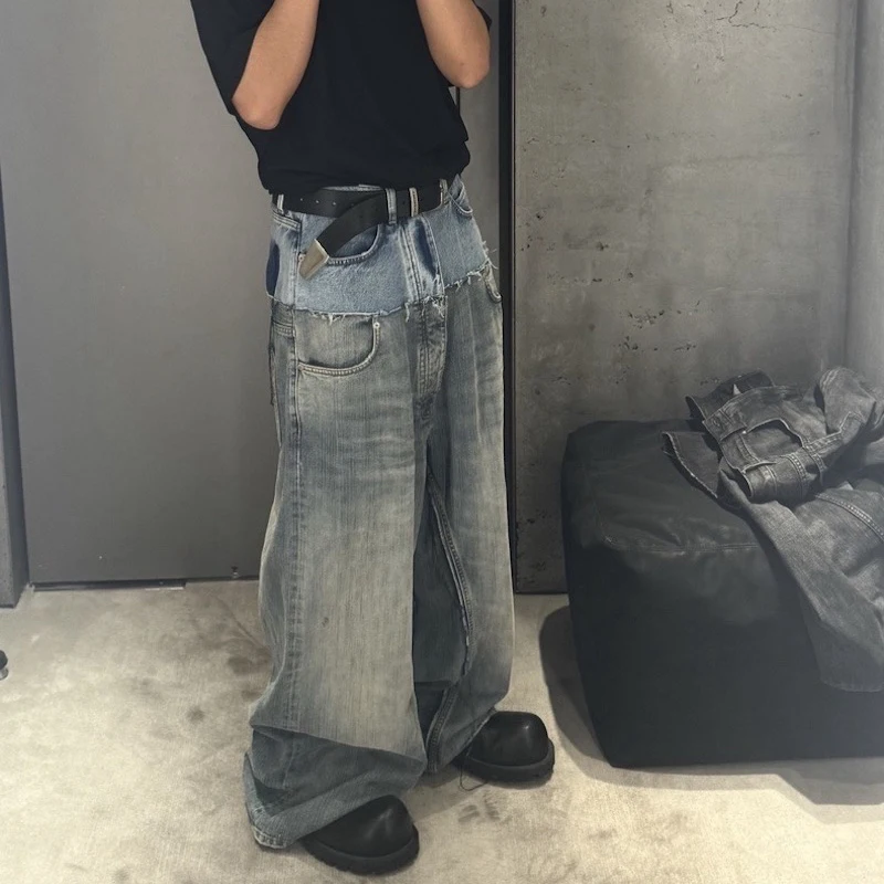 Firmranch New CUT-UP Double-layer Double-waist Splicing Baggy Jeans For Men And Women Blue Cat Whisker Wreck Baggy Denim Pants