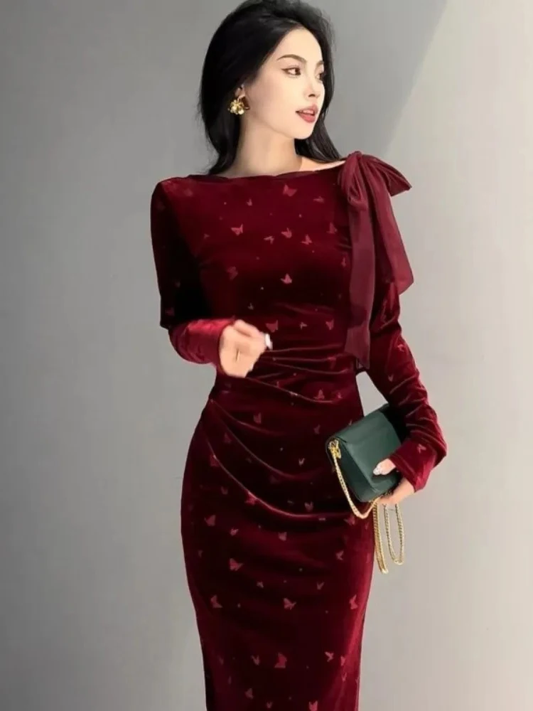 新しい長袖レースアップボディコンワンピース、プリントベルベット、エレガントでスリムなファッションローブ、ストレートベント、ルーシュドミドル丈、スイートドレス