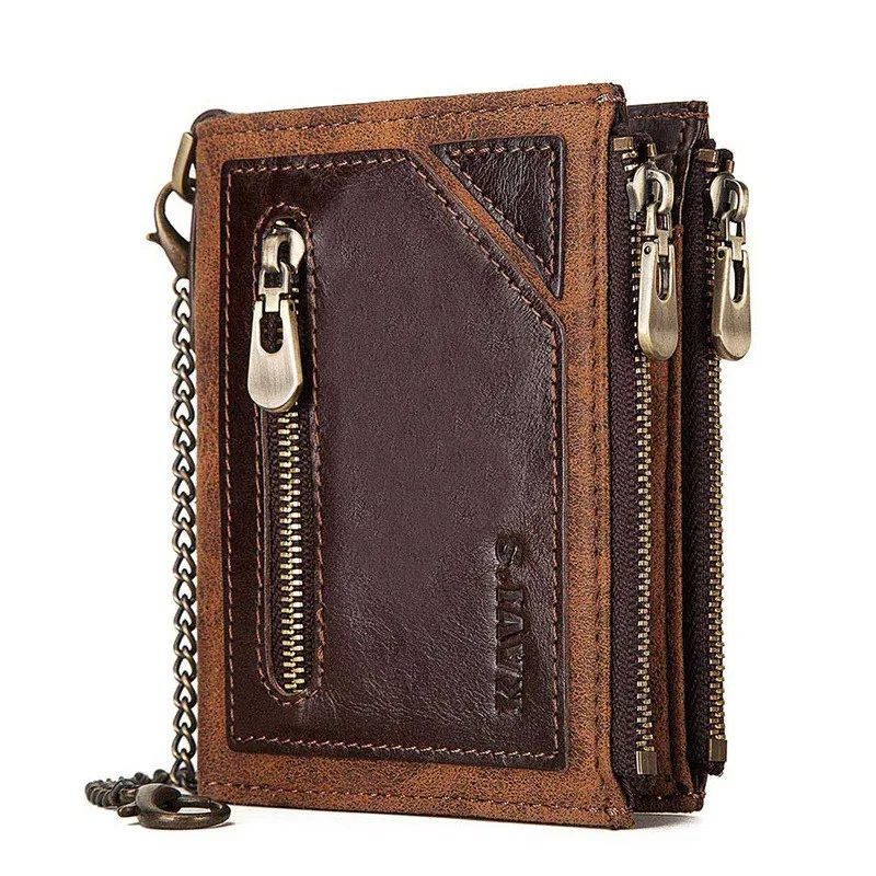 

Luxury Genuine Leather Men's Wallet with Chain RFID Blocking Double Zipper Coin Purse Business Credit Card Holder Cartera Hombre