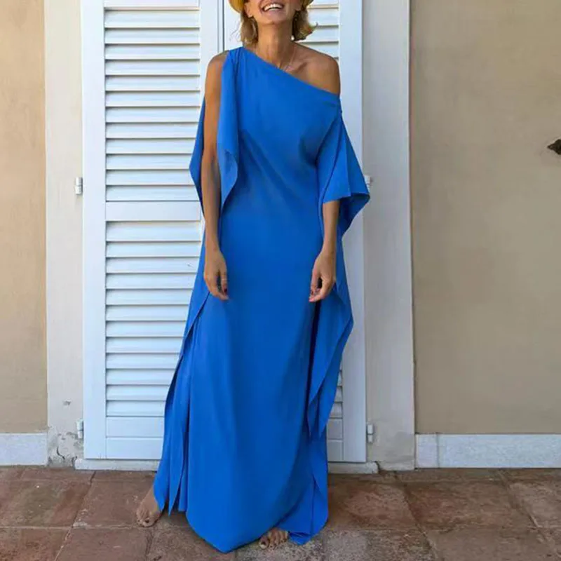 Woman Evening Dresses Elegant Inclined Shoulder Hollow Solid Asymmetric Dress Spring Summer Skew Collar Backless Slit Long Dress