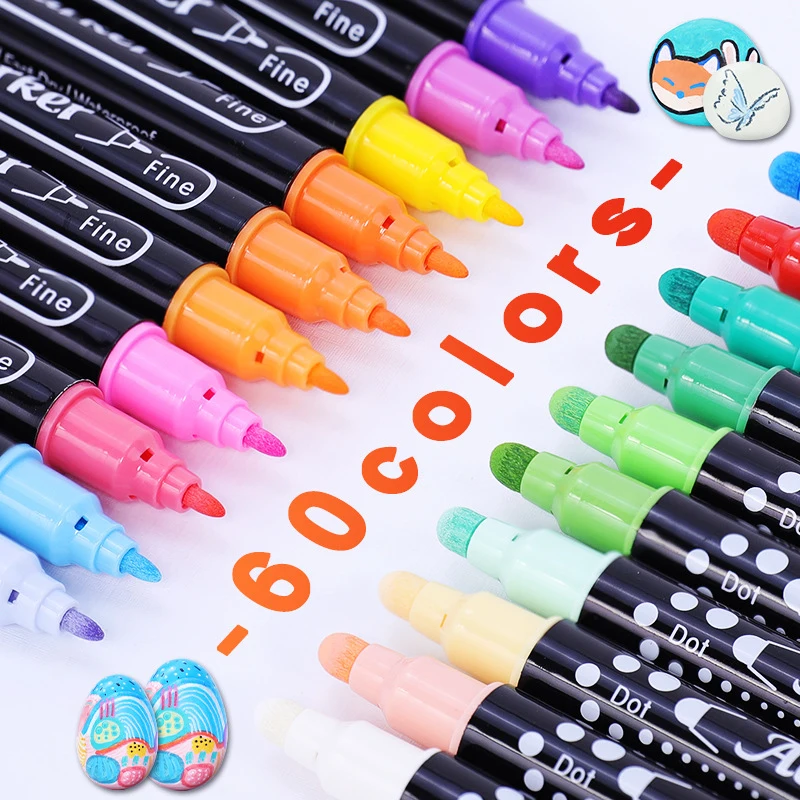 60 Colors Marker Set, Hard Tip Water-Based, Multi-Color Pens for Journal DIY Drawing Doodle Coloring