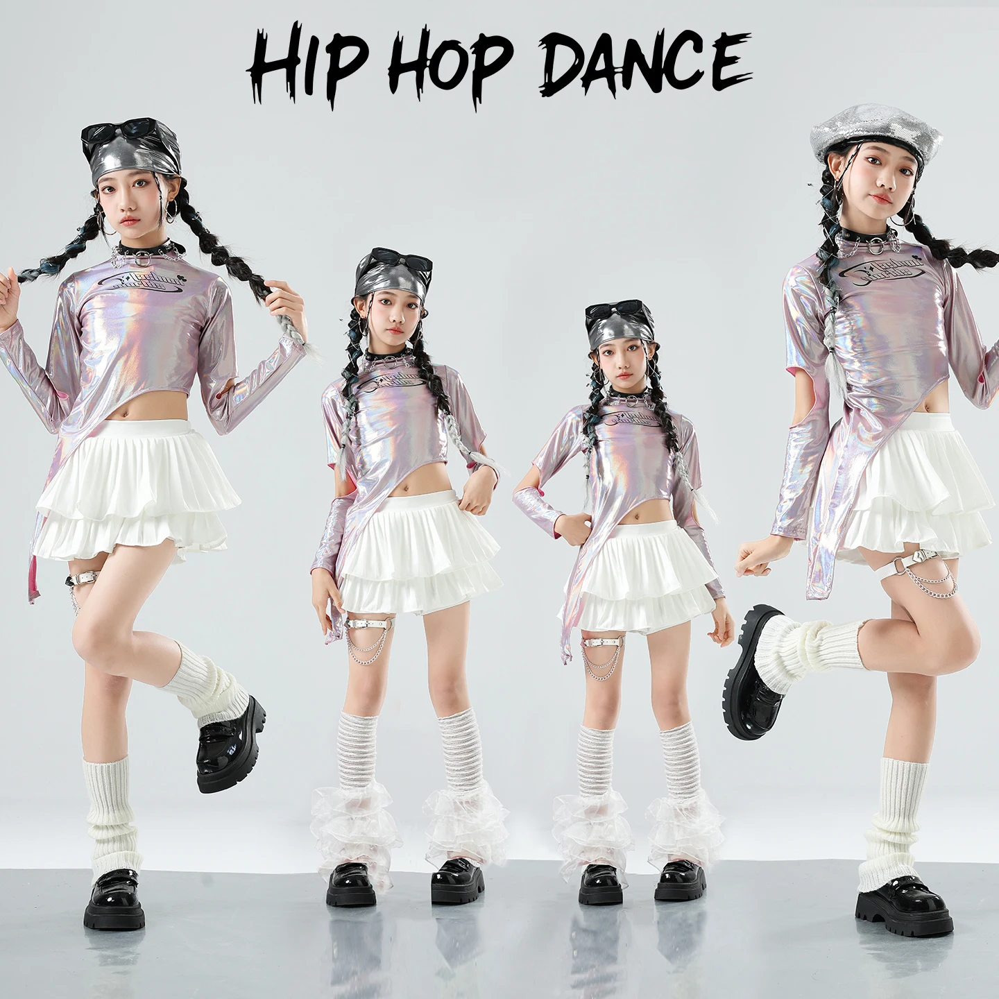 

Fashion Group Jazz Dance Outfits Girls Hip Hop Clothing Children Ballroom Dance Kpop Clothes Laser Top Cake Skirt SL14755