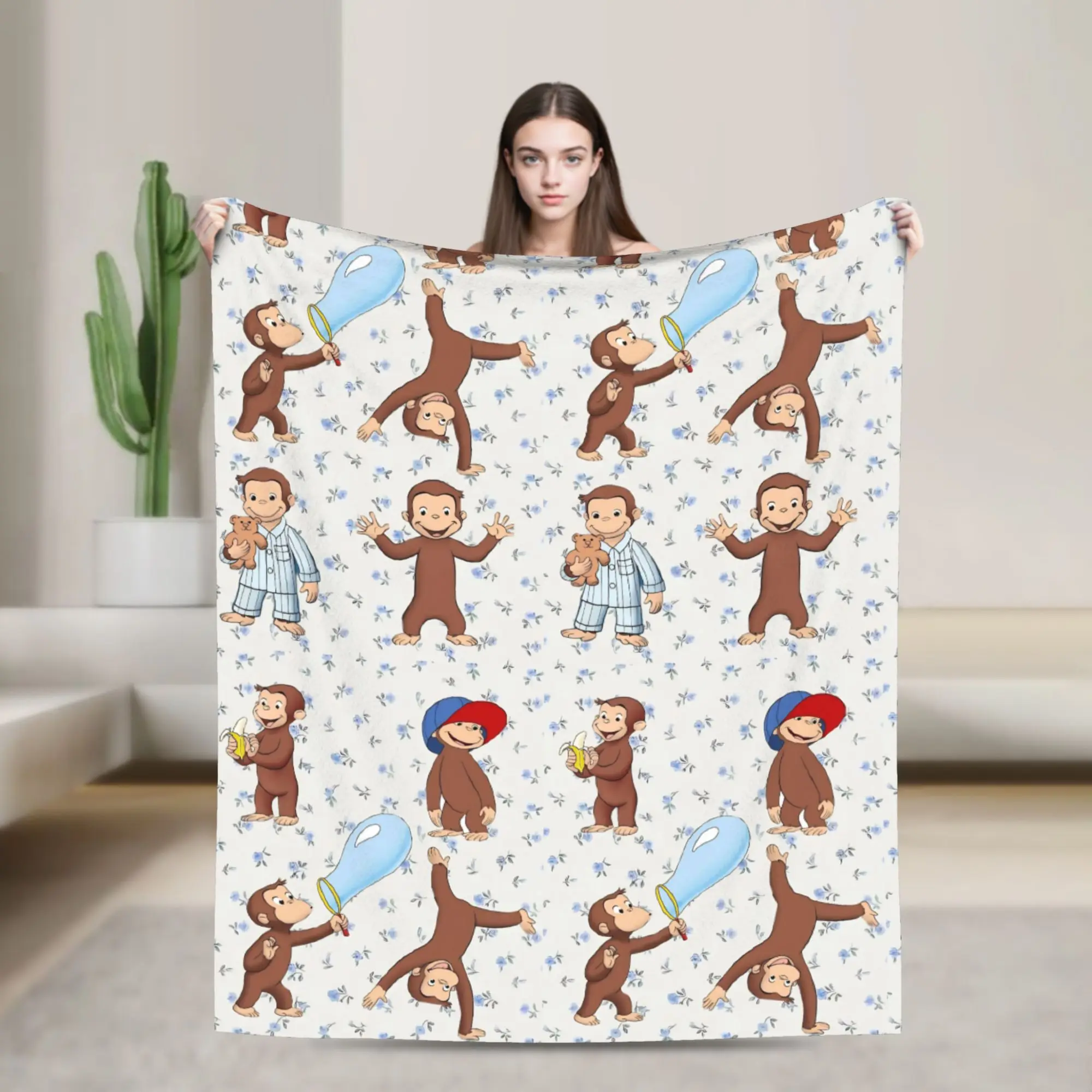 Curious George Blankets Fleece Spring/Autumn  Cartoon Portable Warm Throw Blankets for Sofa Couch Rug Piece