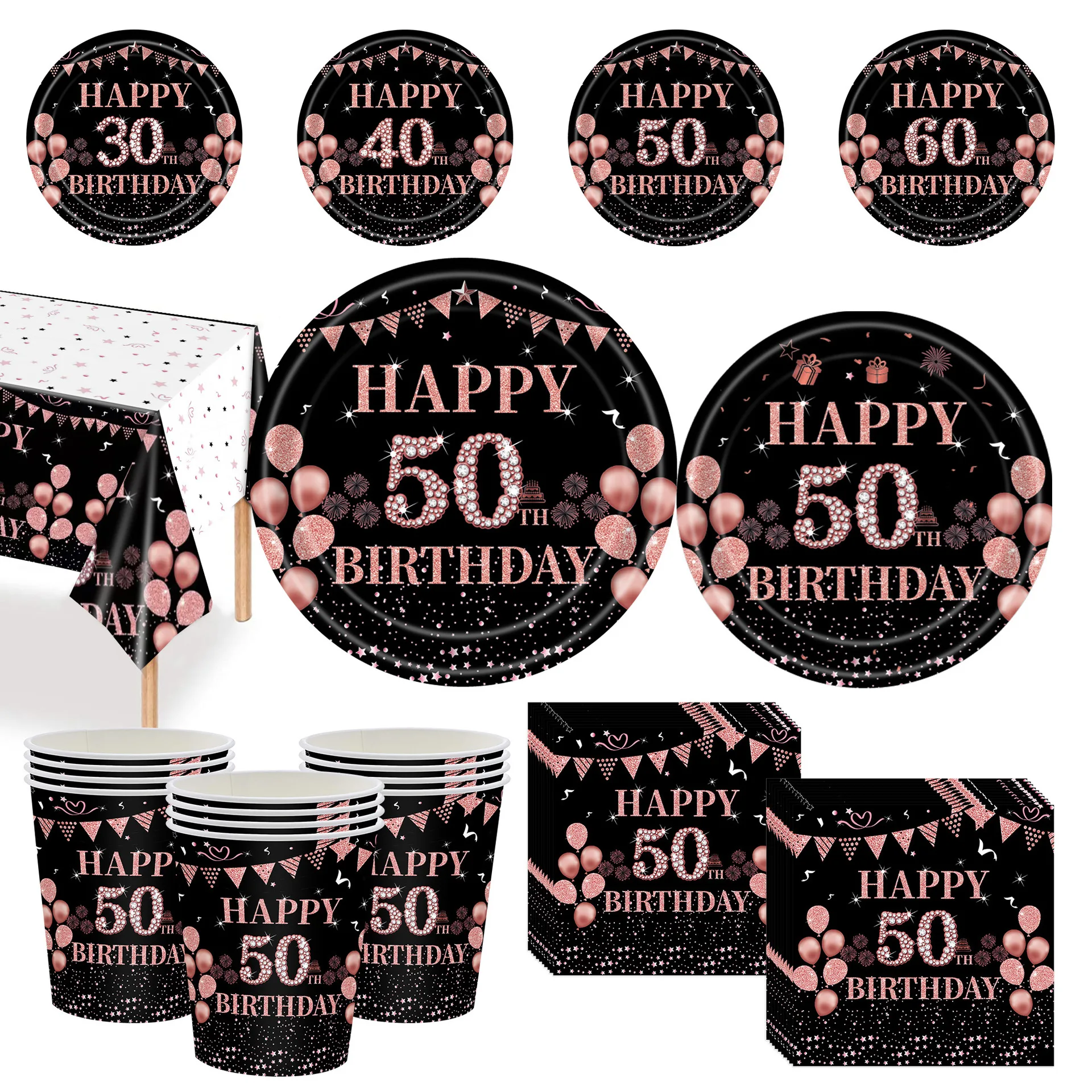 Decorazione per festa di compleanno per adulti, stoviglie nere, tovaglioli, carta, piatti da dessert, 30, 40 anni, 30°, 40°, 50°, 60°