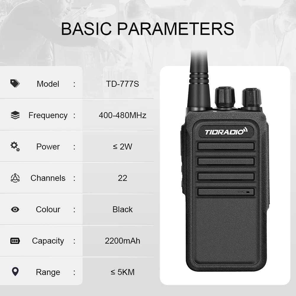 TIDRADIO TD-777S Radia dwukierunkowe 2200mAh Radio dwukierunkowe Walkie Talkie dalekiego zasięgu 22CH USB Rechargeable Walkie Talkie