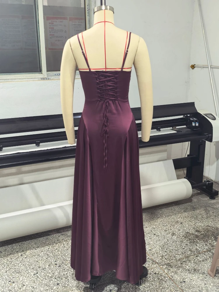 Chaxiaoa Satin Spaghetti Strap Sexy Maxi Dress Women Elegant Deep V Neck Sleeveless Backless Pleated Evening Club Party Dresses view 6