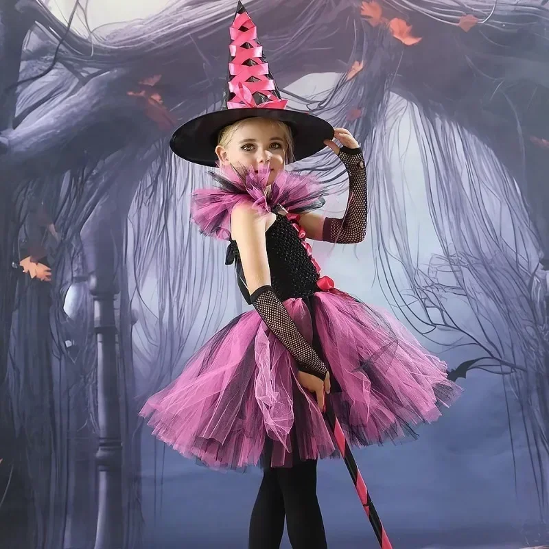Halloween Hexen-Kostüm für Mädchen, Cosplay-Tutu-Kleid mit Hexenhut und Besen für Karneval, Kostümparty und Aufführung – Detail 16