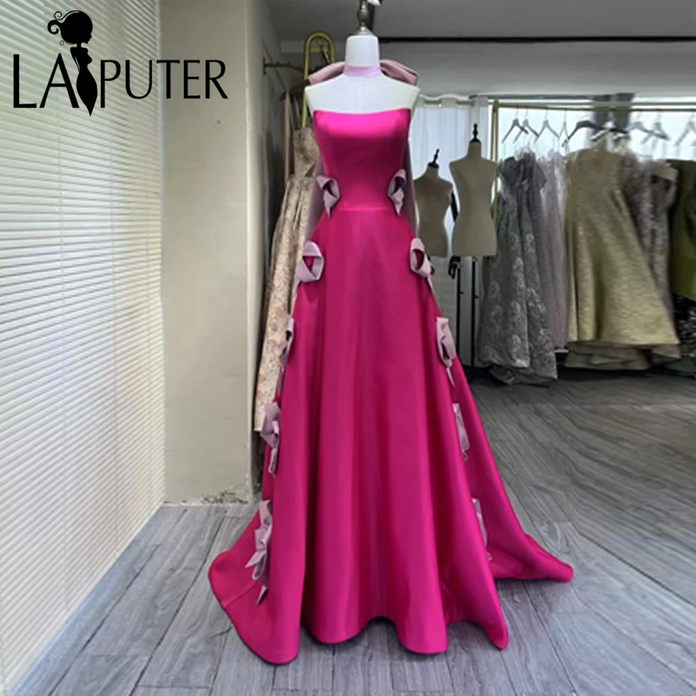 Fuchsia Satin Ballkleider A-Linie Schulterfrei Schleife Knoten Abendkleid Neckholder Band Elegantes Damen-Berühmtheitskleid 2024